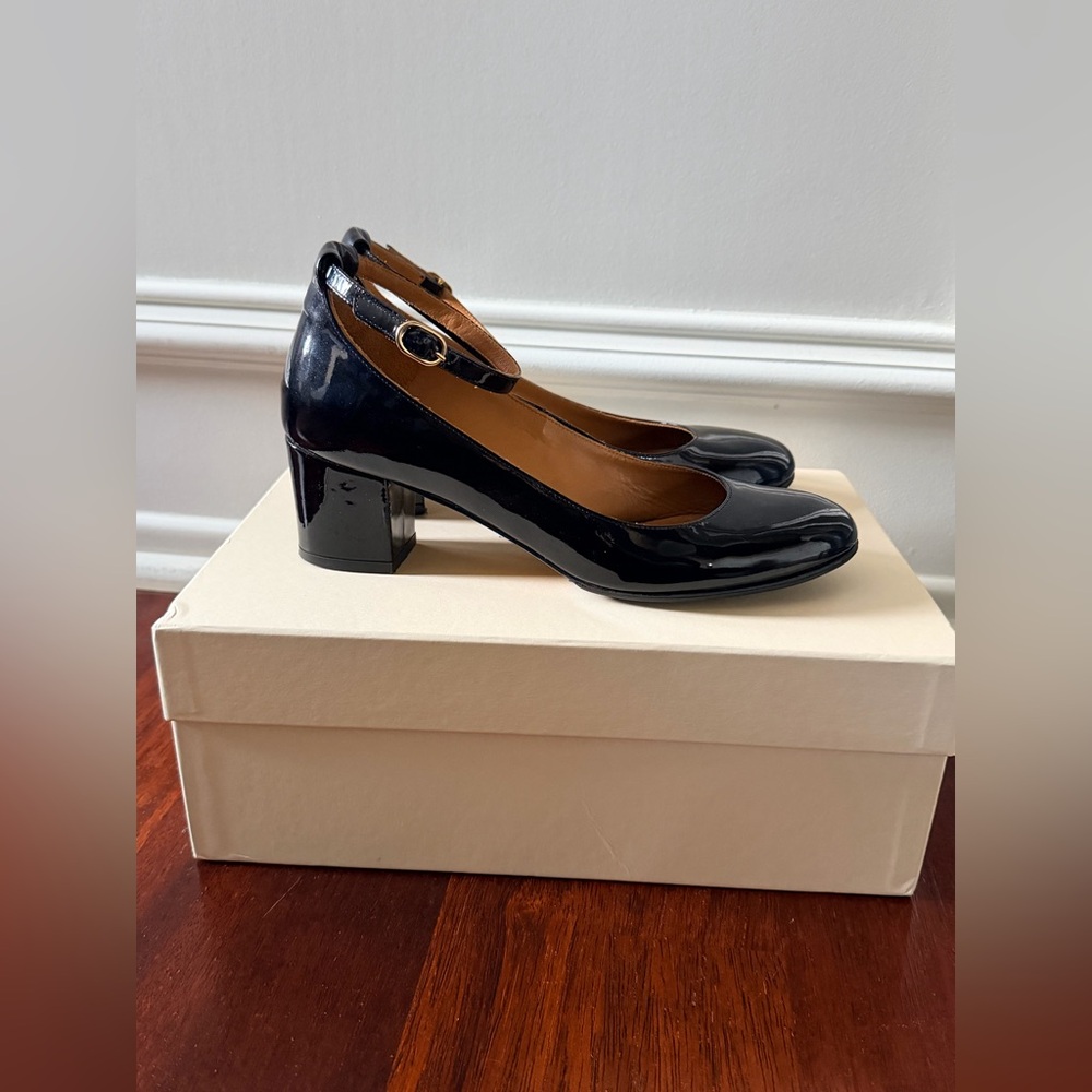 Sezane Ashley Babies Patent Ankle Strap Block Heel Pumps